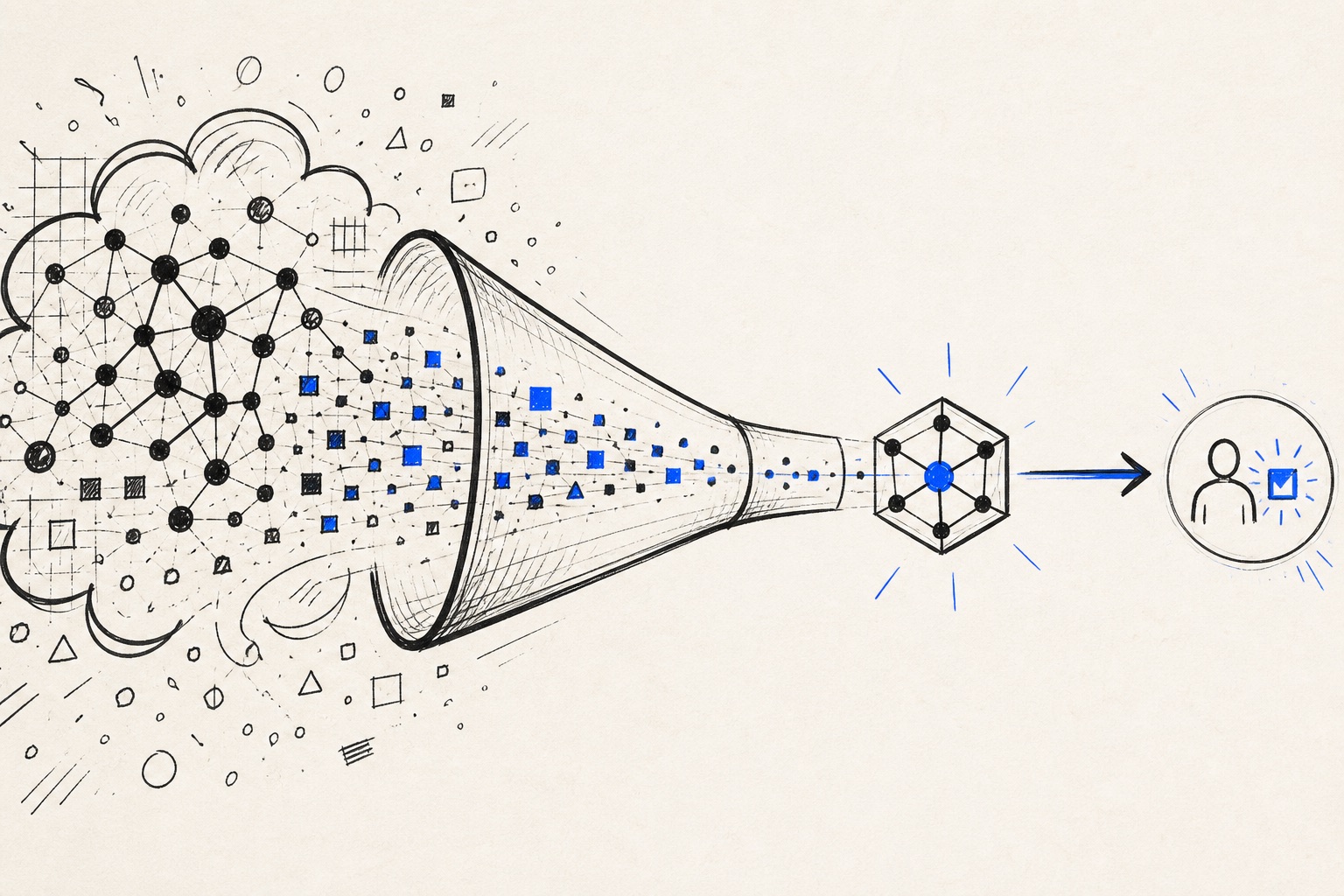 Doodle illustration of a large AI model distilled into a smaller product model
