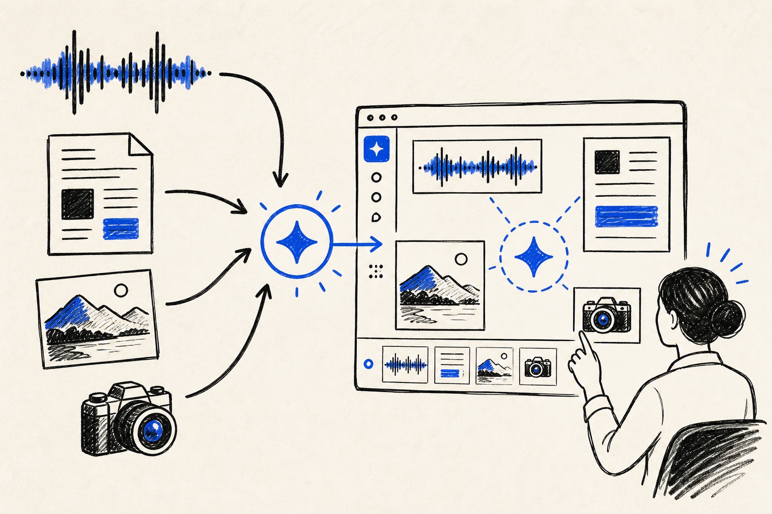 Doodle illustration of an AI interface using voice, images and documents
