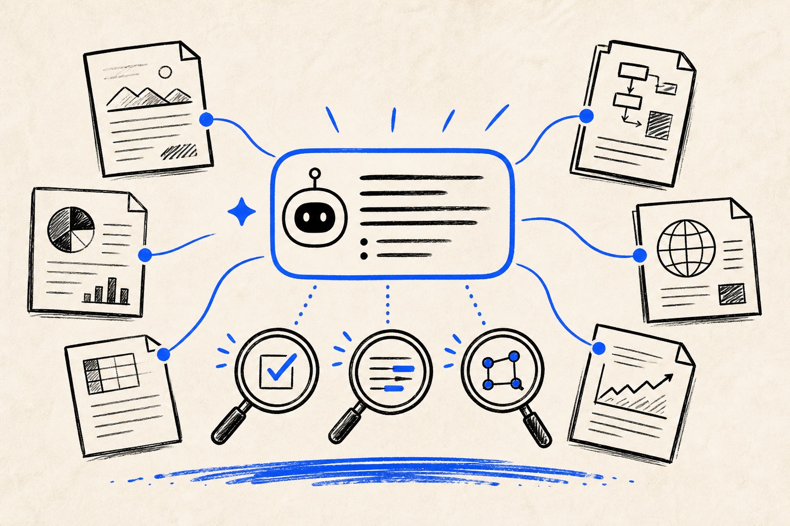 Doodle illustration of AI answers linked back to data sources and provenance
