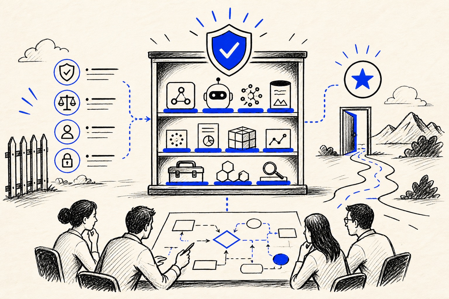 Doodle illustration of AI governance tools, policies and operating teams