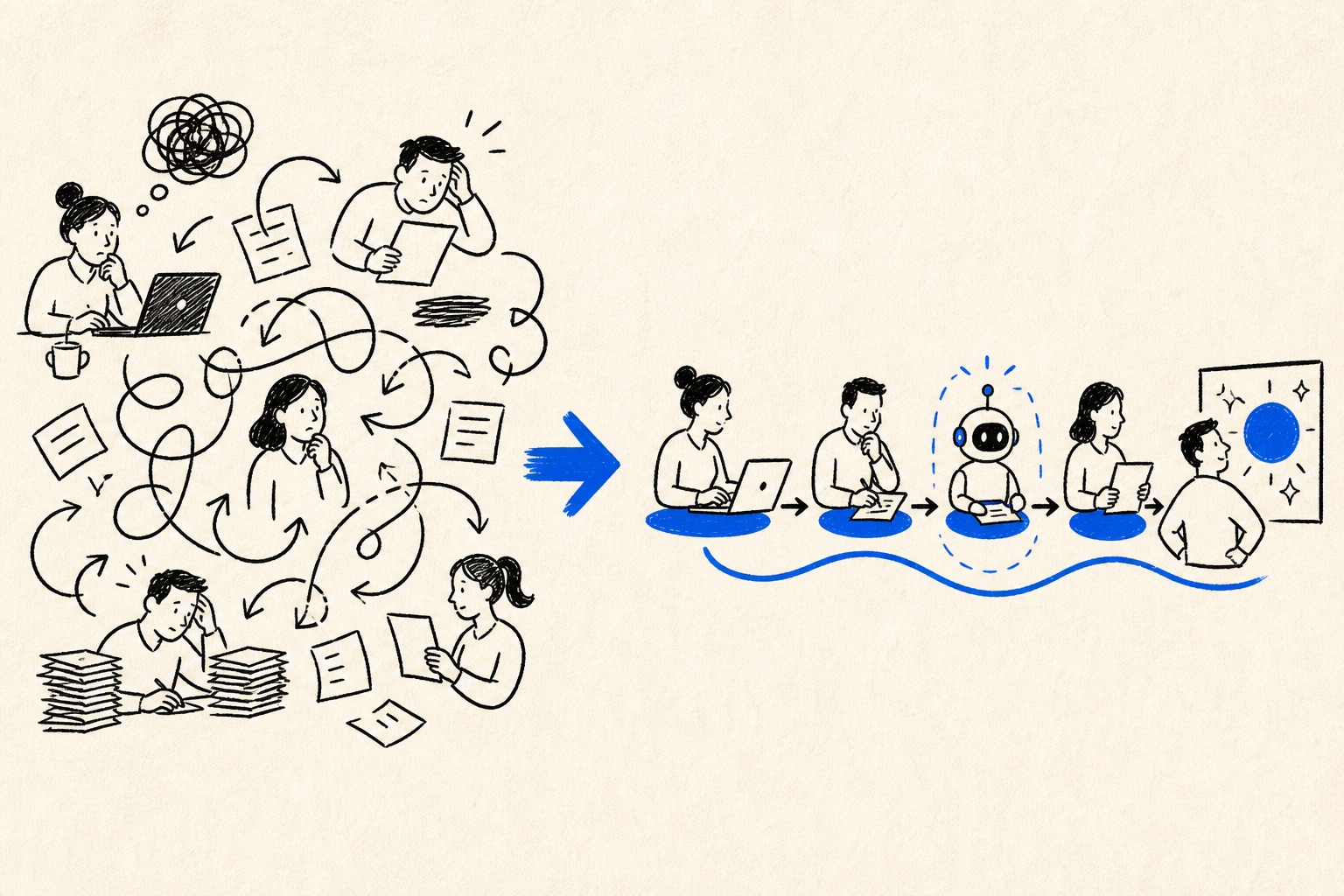 Doodle illustration of a business process being redesigned around AI