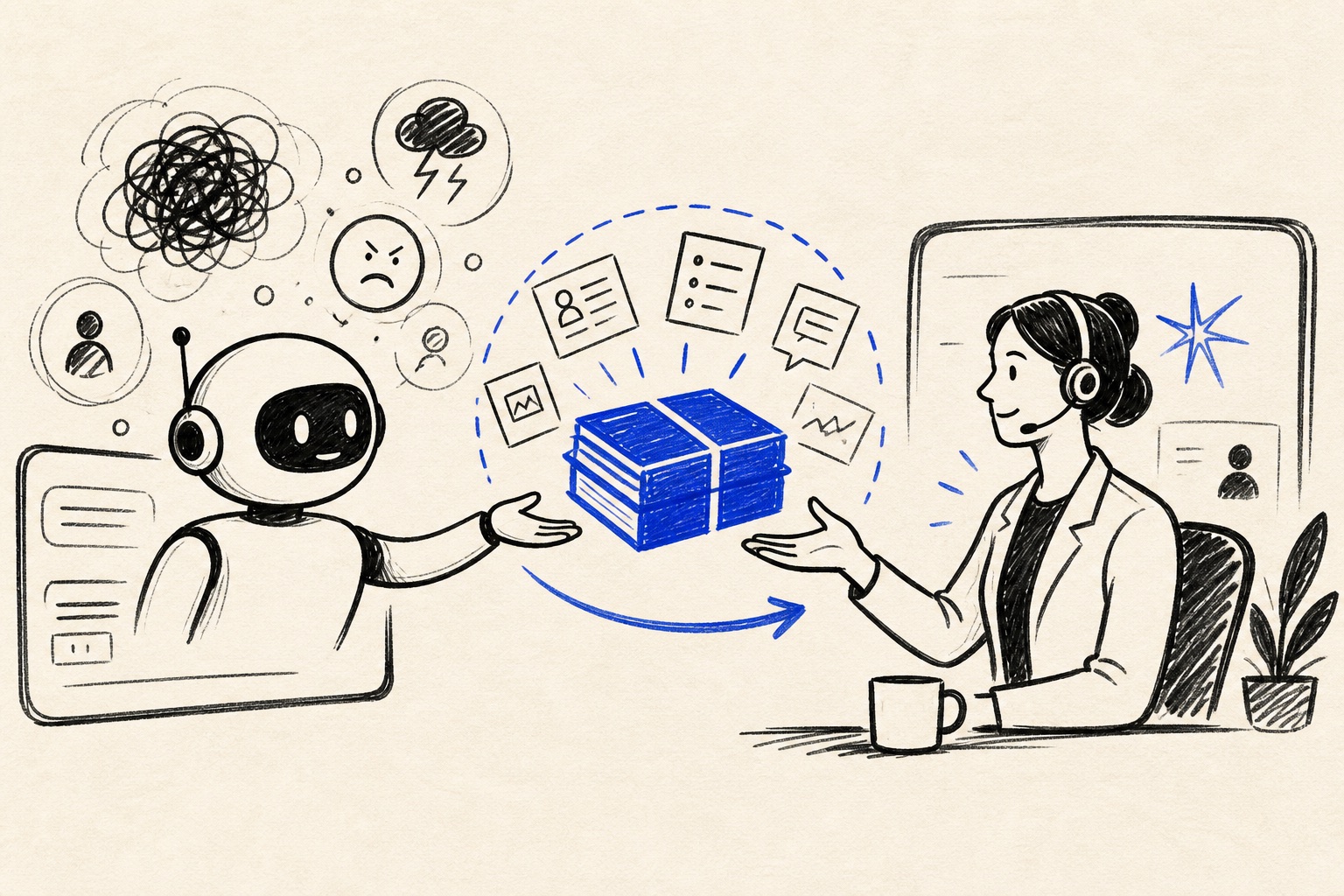 Doodle illustration of AI service escalation to a human specialist