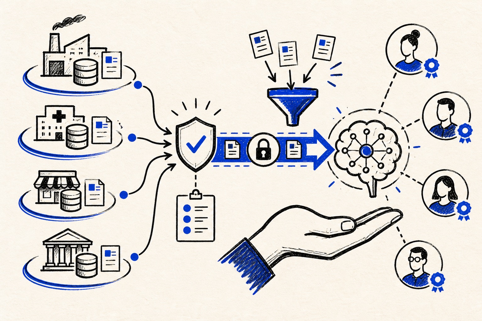 Doodle illustration of an enterprise AI data estate with governed information flows
