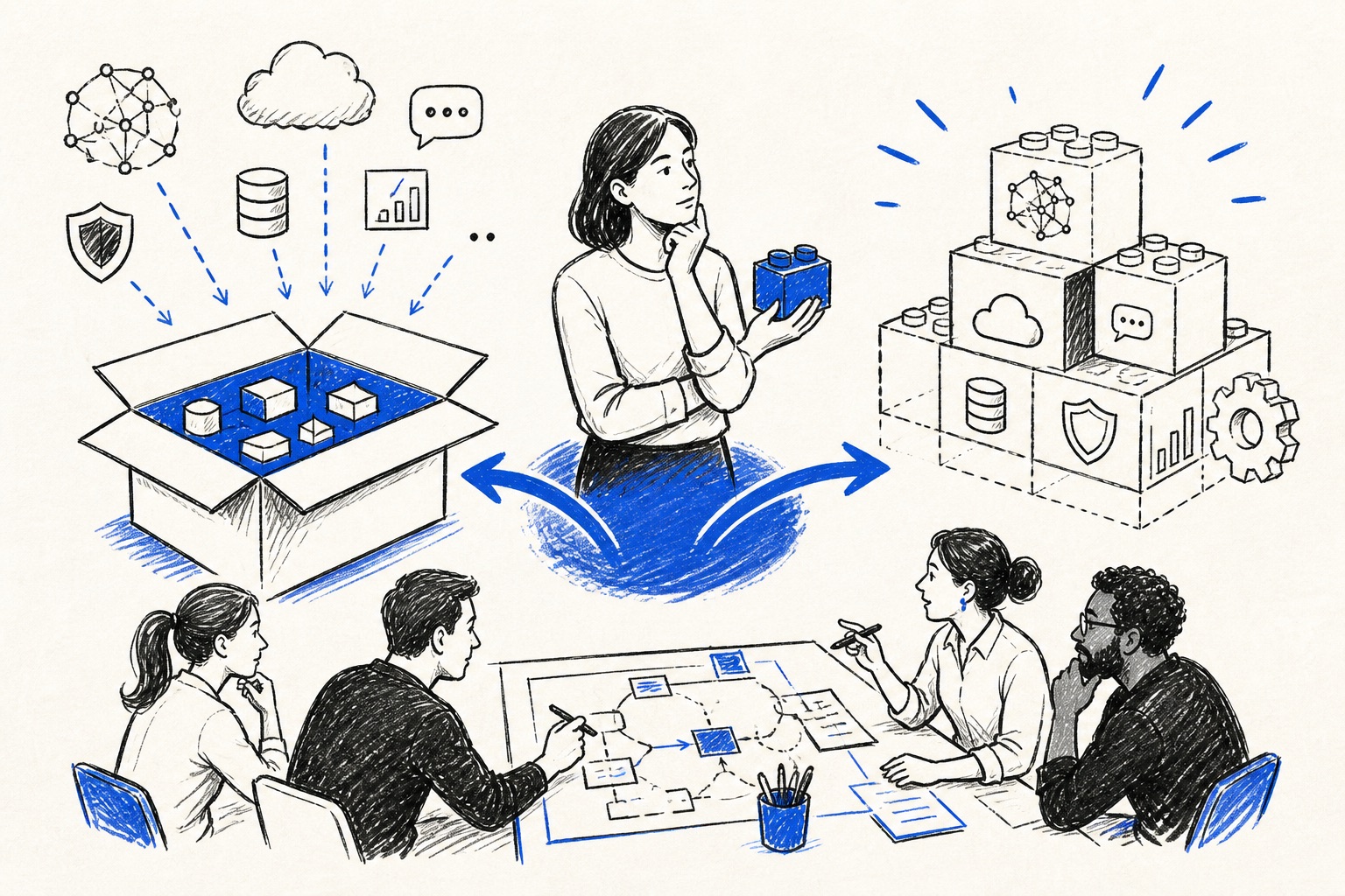 Doodle illustration of an enterprise choosing between building and buying AI systems
