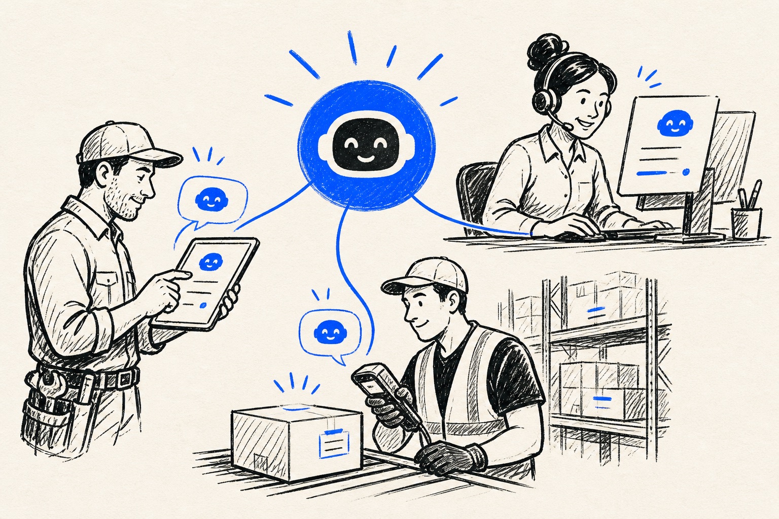 Doodle illustration of frontline workers using AI during everyday work