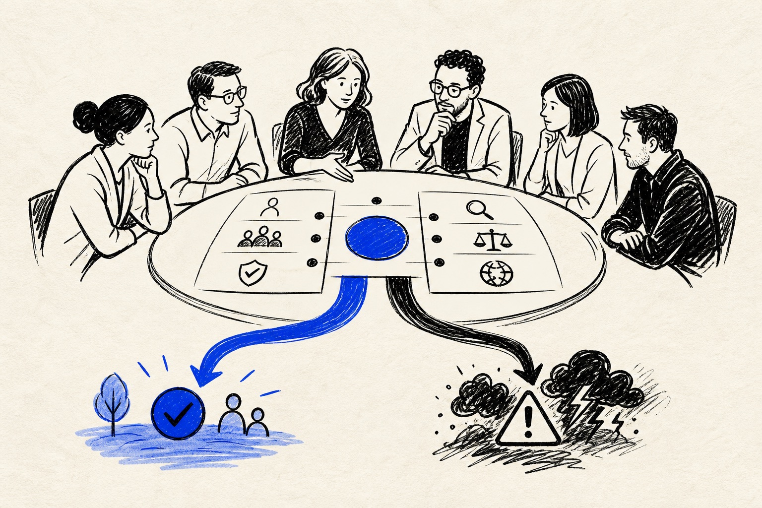Doodle illustration of an AI risk committee assigning clear decisions