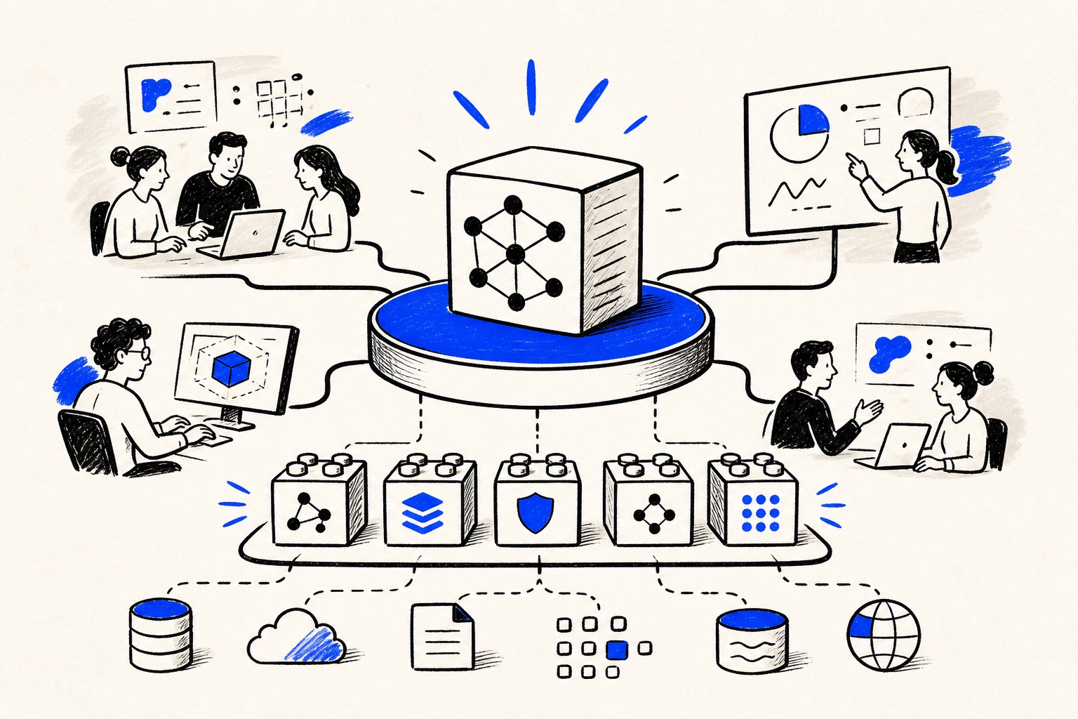 Doodle illustration of an internal AI platform serving several business teams