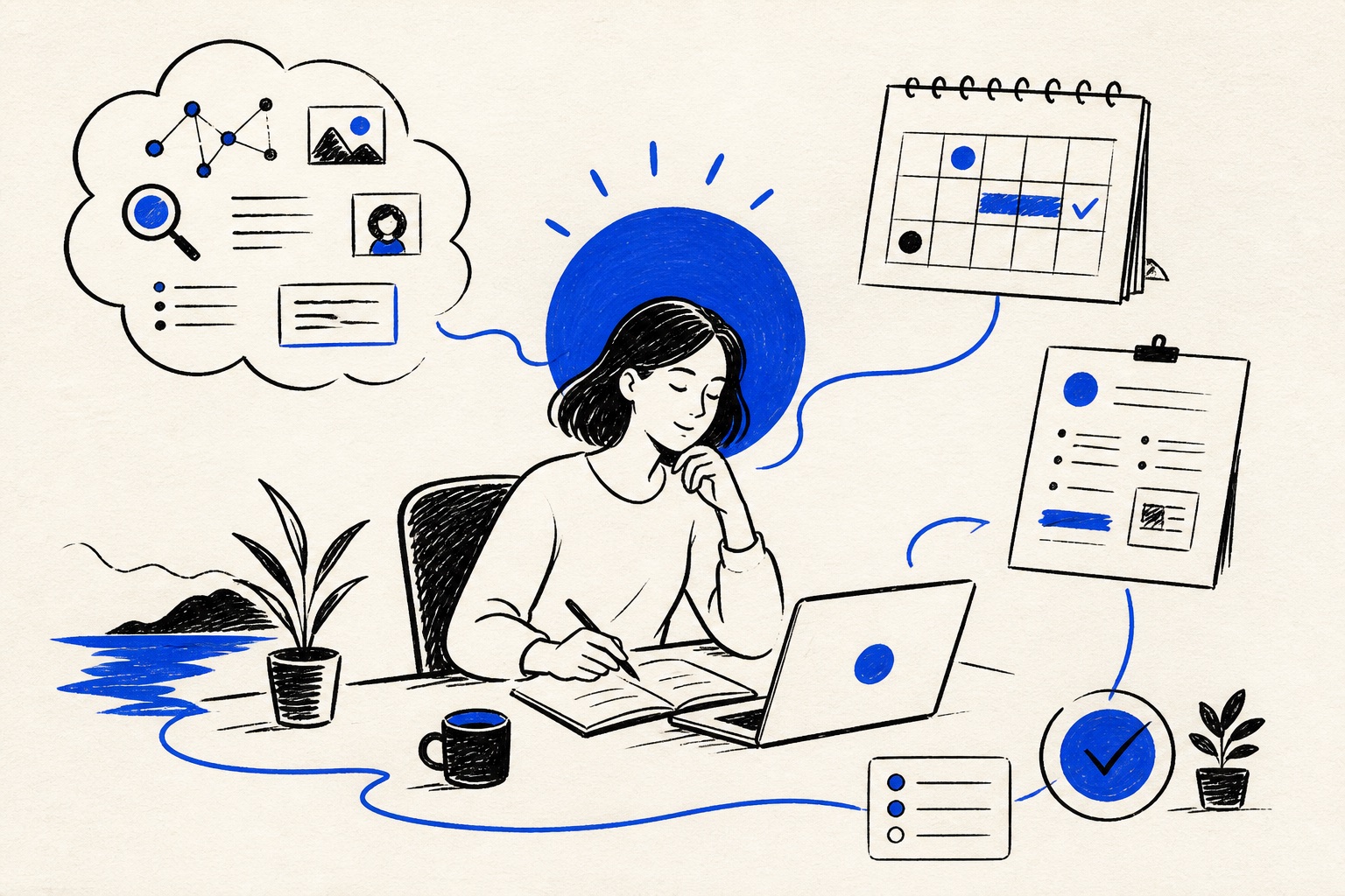 Doodle illustration of a knowledge worker redesigning a day with AI support