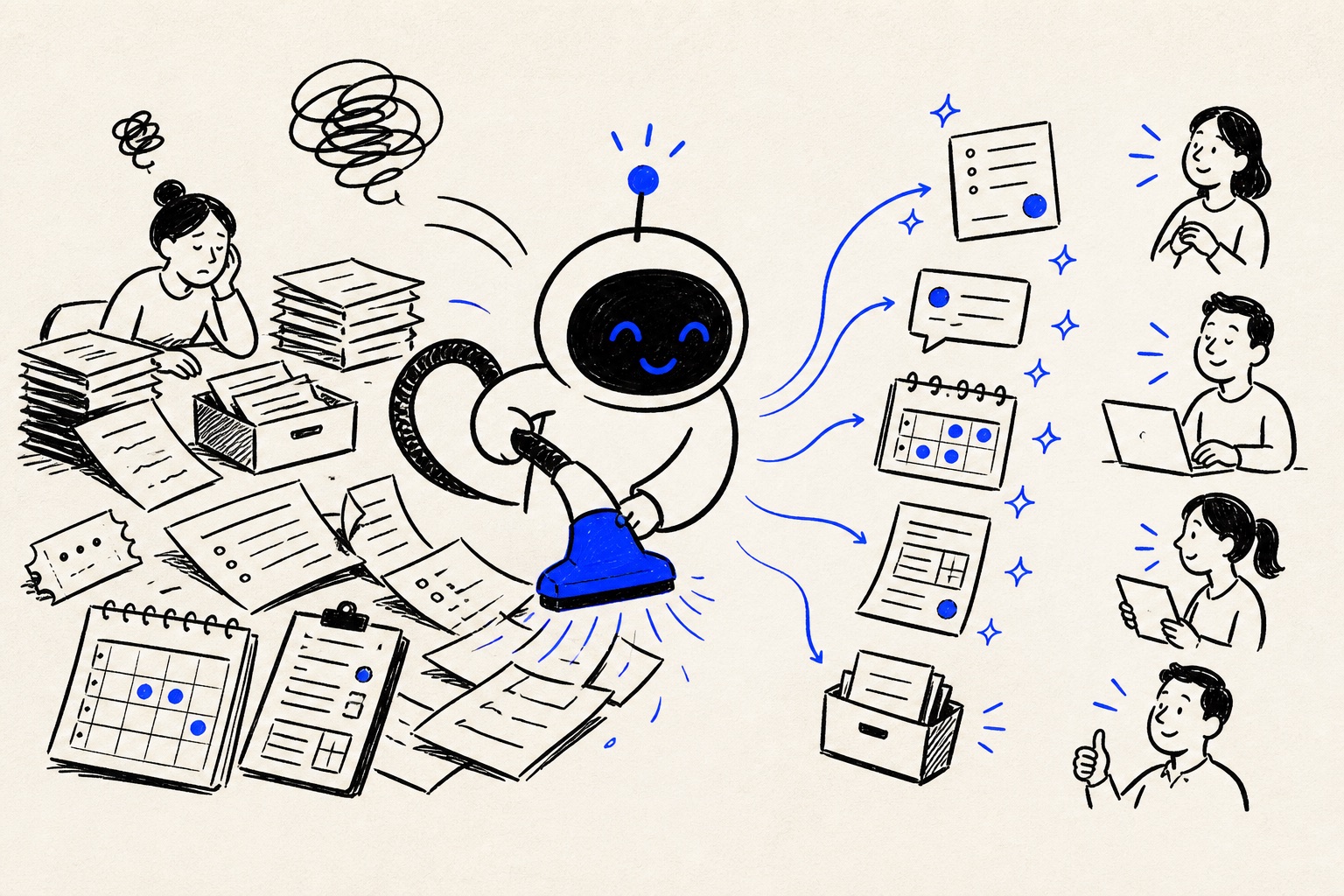 Doodle illustration of AI improving ordinary office and operations tasks