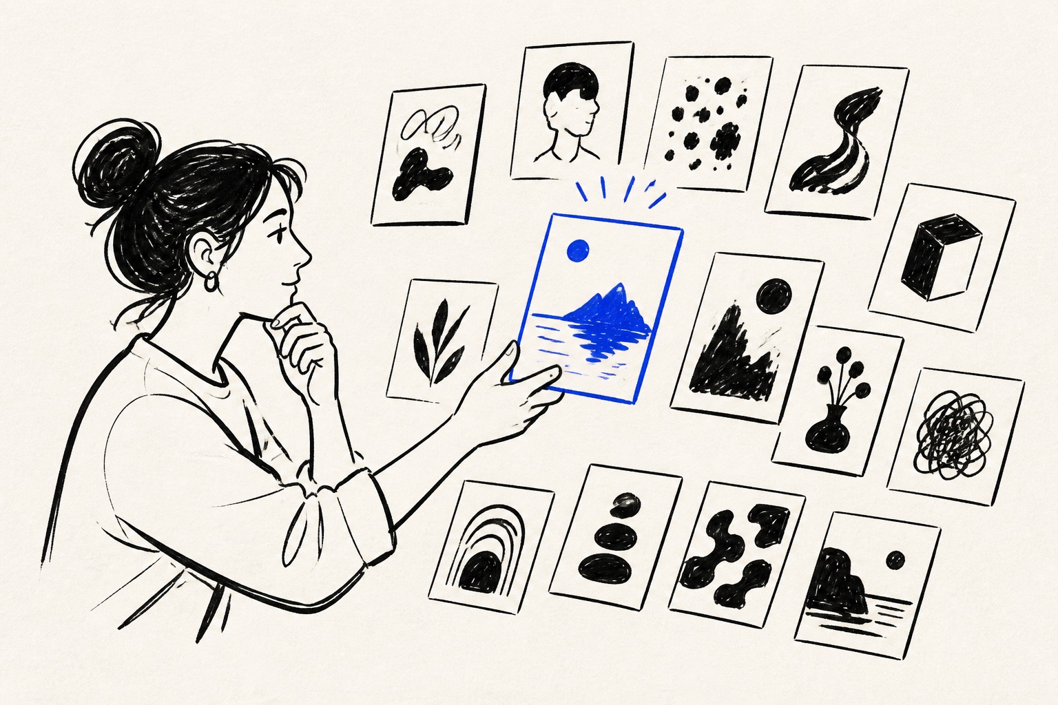 Doodle illustration of human judgment selecting from AI-generated options