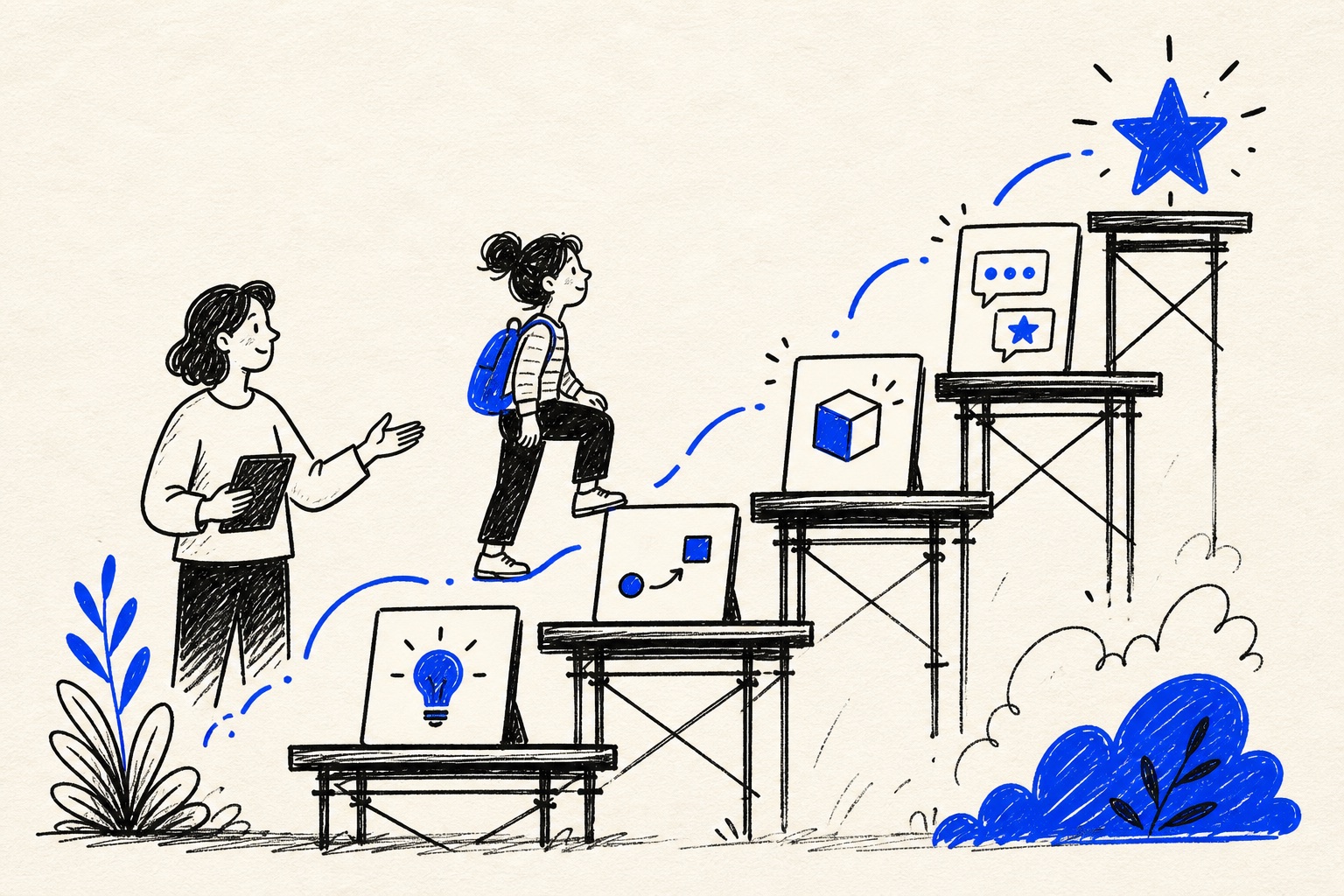 Doodle illustration of AI scaffolding helping a person learn a complex task