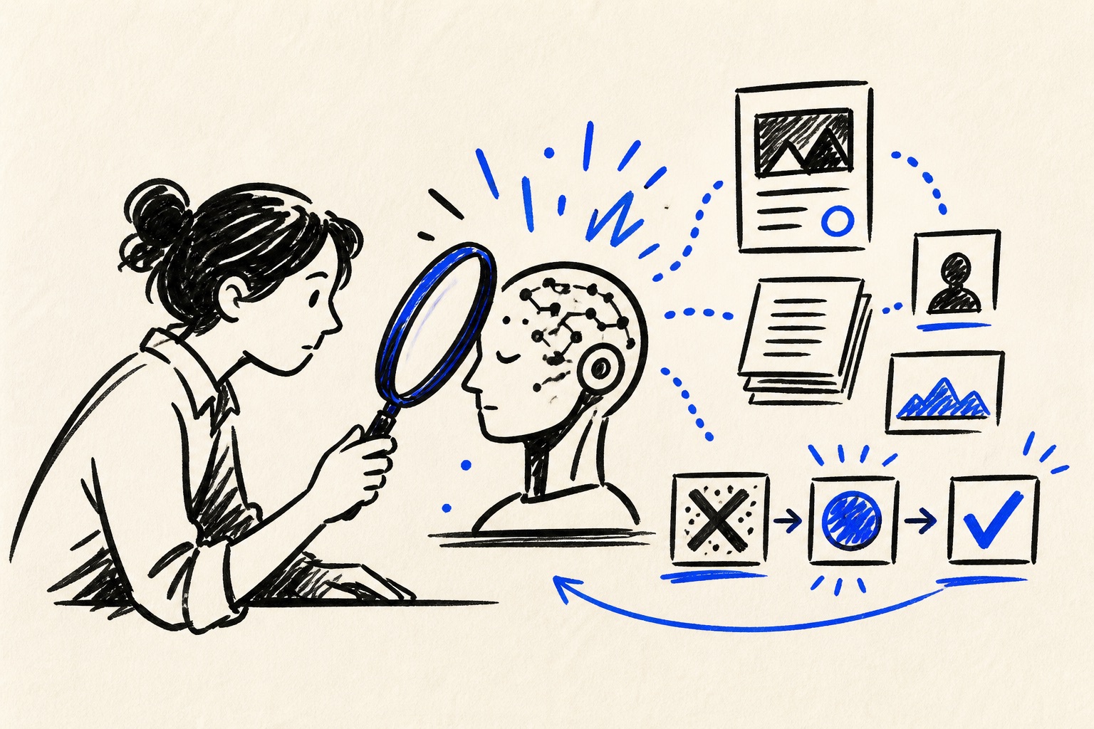 Doodle illustration of a person verifying an AI decision with source evidence