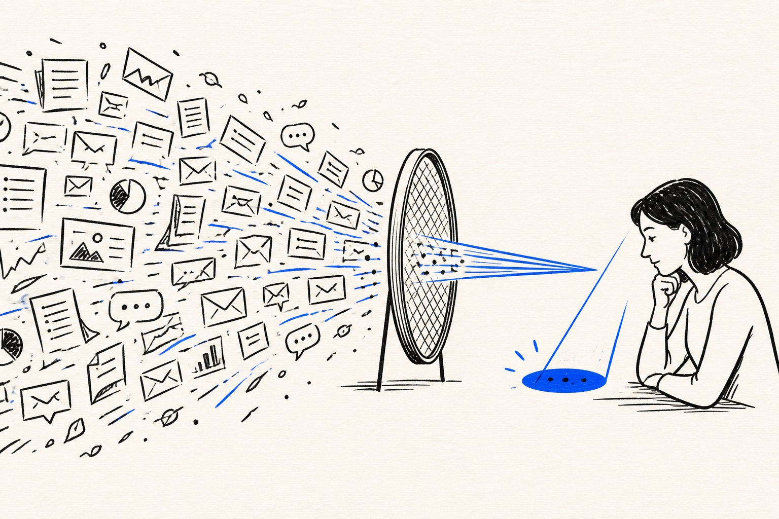 Doodle illustration of abundant AI-generated content competing for human attention