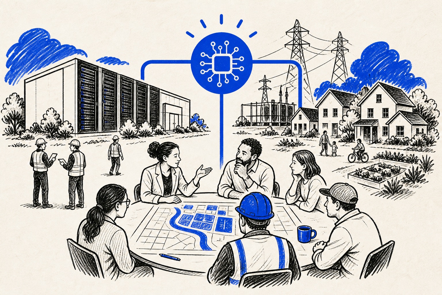 Doodle illustration of AI infrastructure as a civic system with communities and power